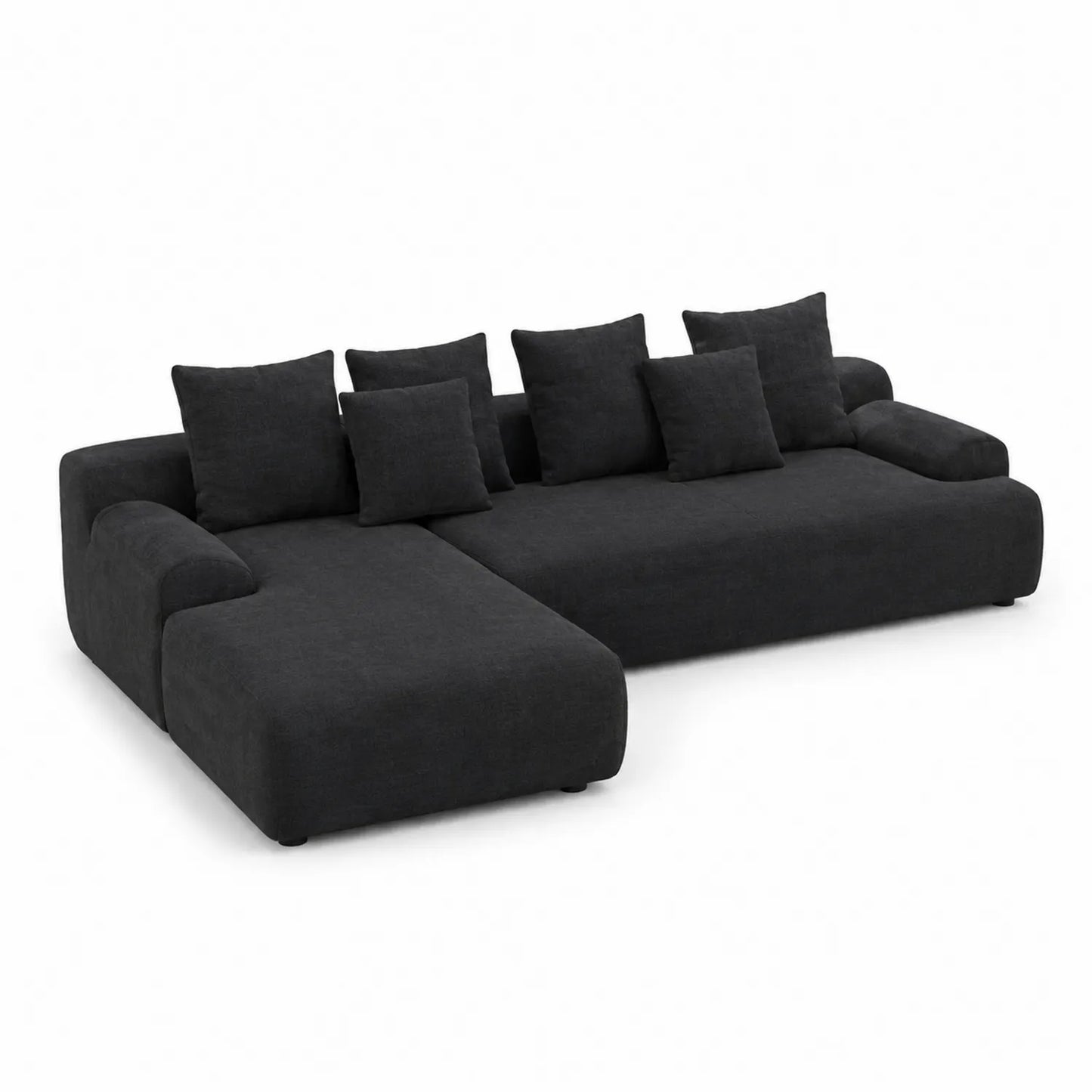 Canapé d'angle en tissu noir avec coussins 290cm x 160cm x 85cm