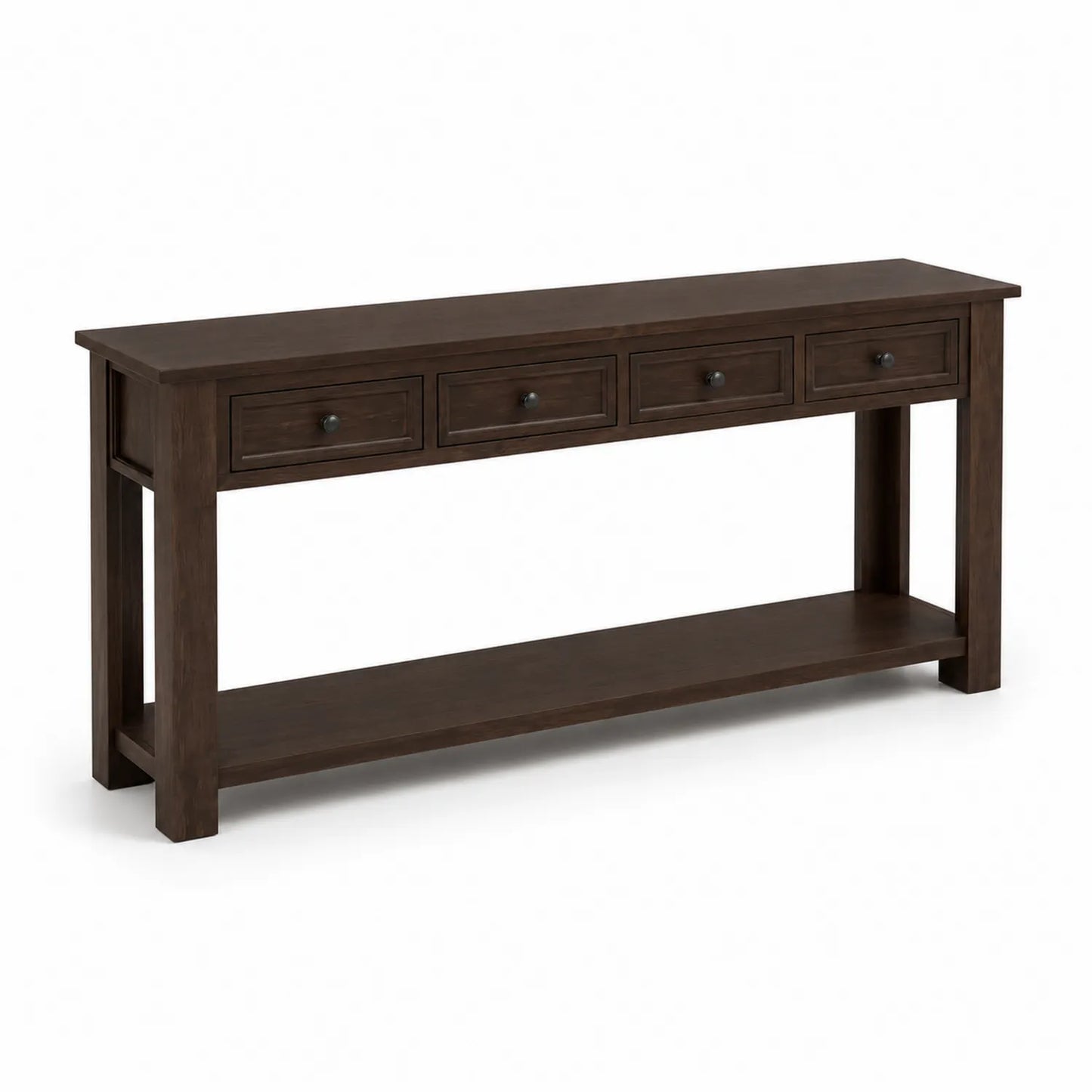 Console en bois marron avec 4 tiroirs et étagère