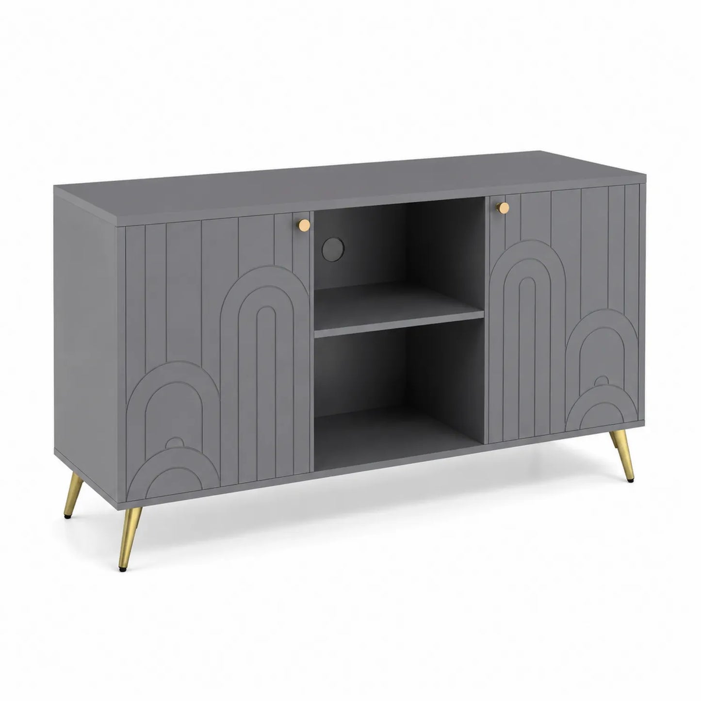 Meuble TV en MDF gris avec pieds en métal doré