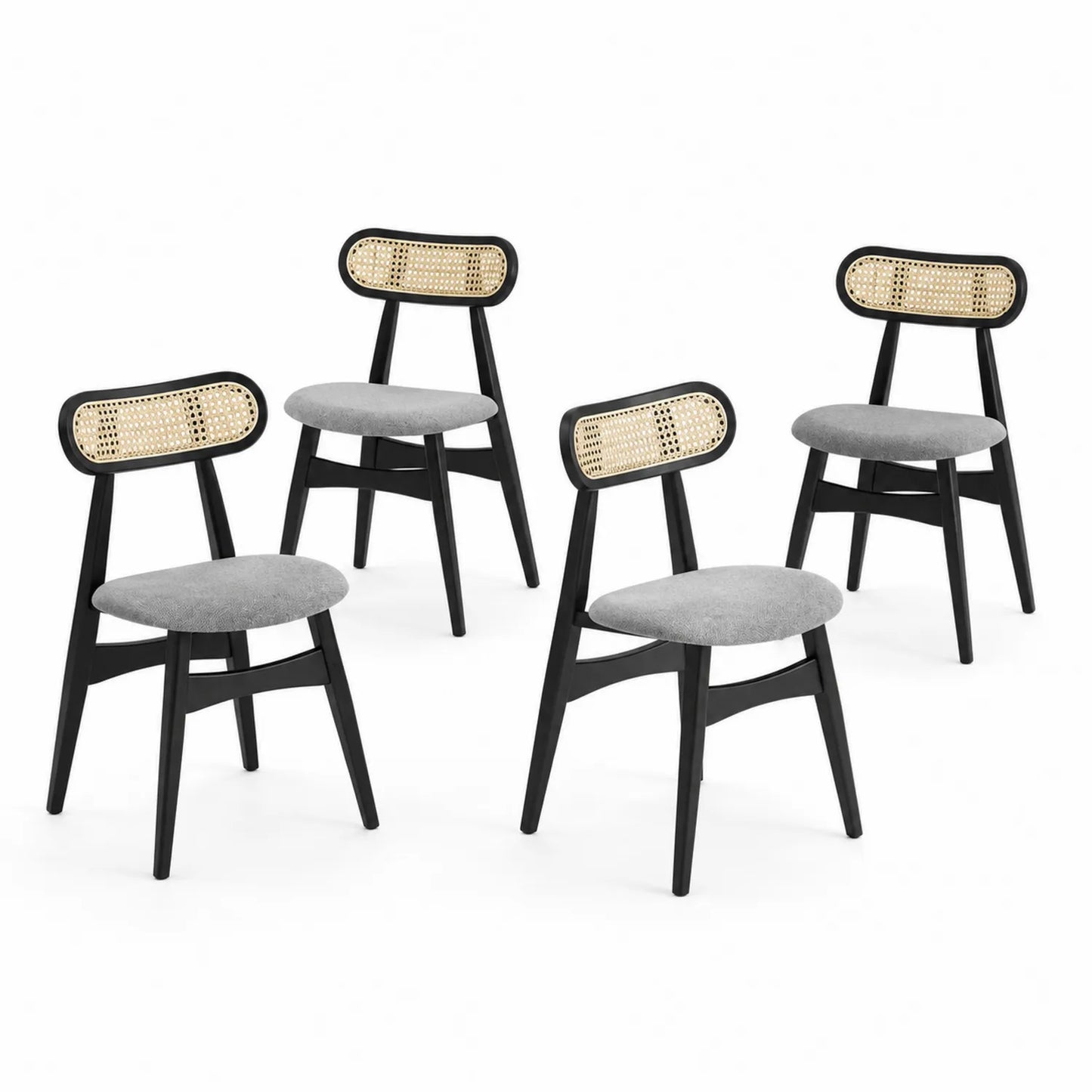 Lot de 4 chaises en bois, dossier en rotin et siège en tissu gris