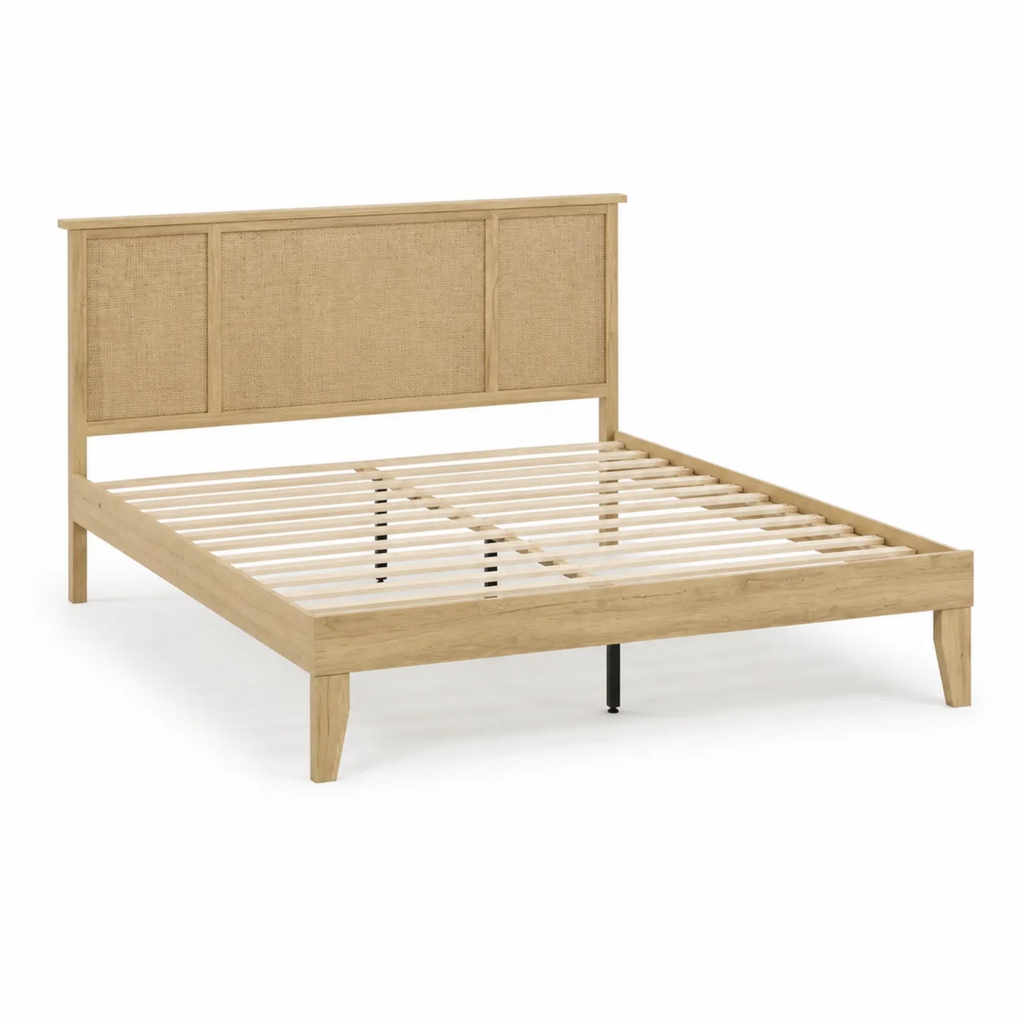 Lit double en bois avec tête de lit en rotin