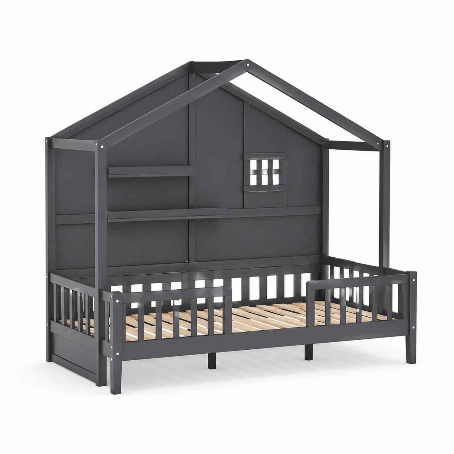 Lit cabane enfant en bois avec étagères intégrées 90x200 cm