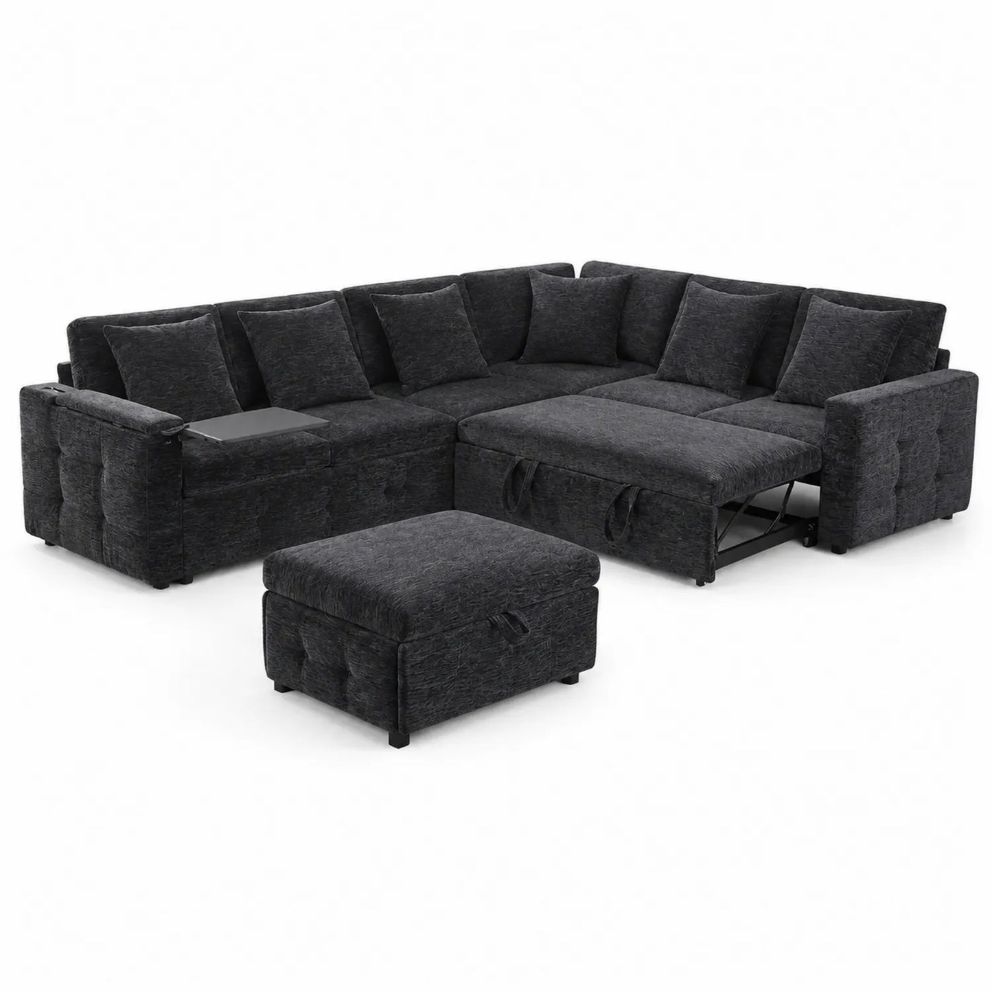 Canapé d'angle modulable en tissu polyester gris foncé avec repose-pieds et table intégrée