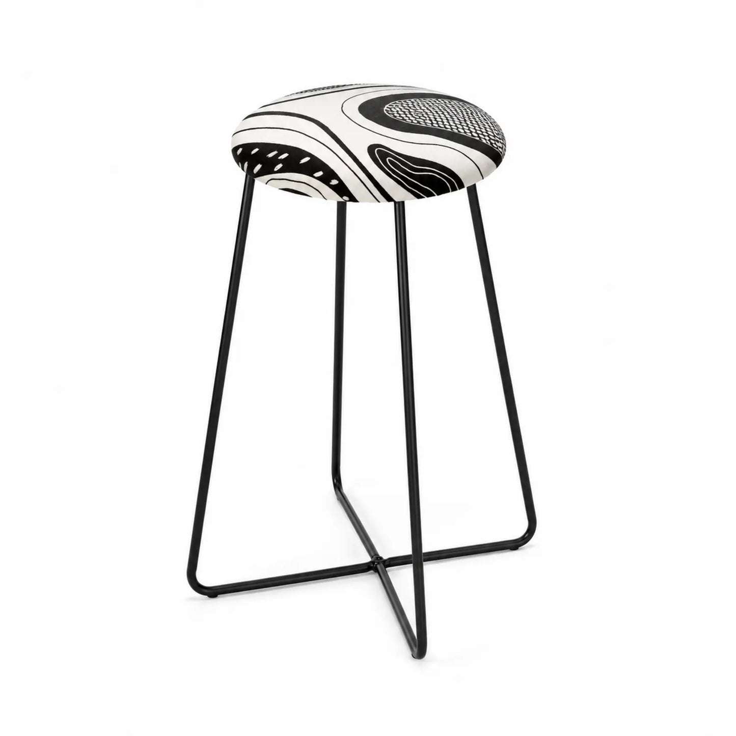 Tabouret Haut en Métal et Tissu Imprimé Noir et Blanc, H 75 cm