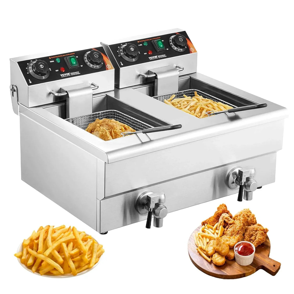 VEVOR Friteuse Électrique Commerciale 11L x 2 Cuves 3000W x 2 Friteuse à Huile en Inox avec 2 Paniers à Frire Température et Temps Réglable 50-200°C