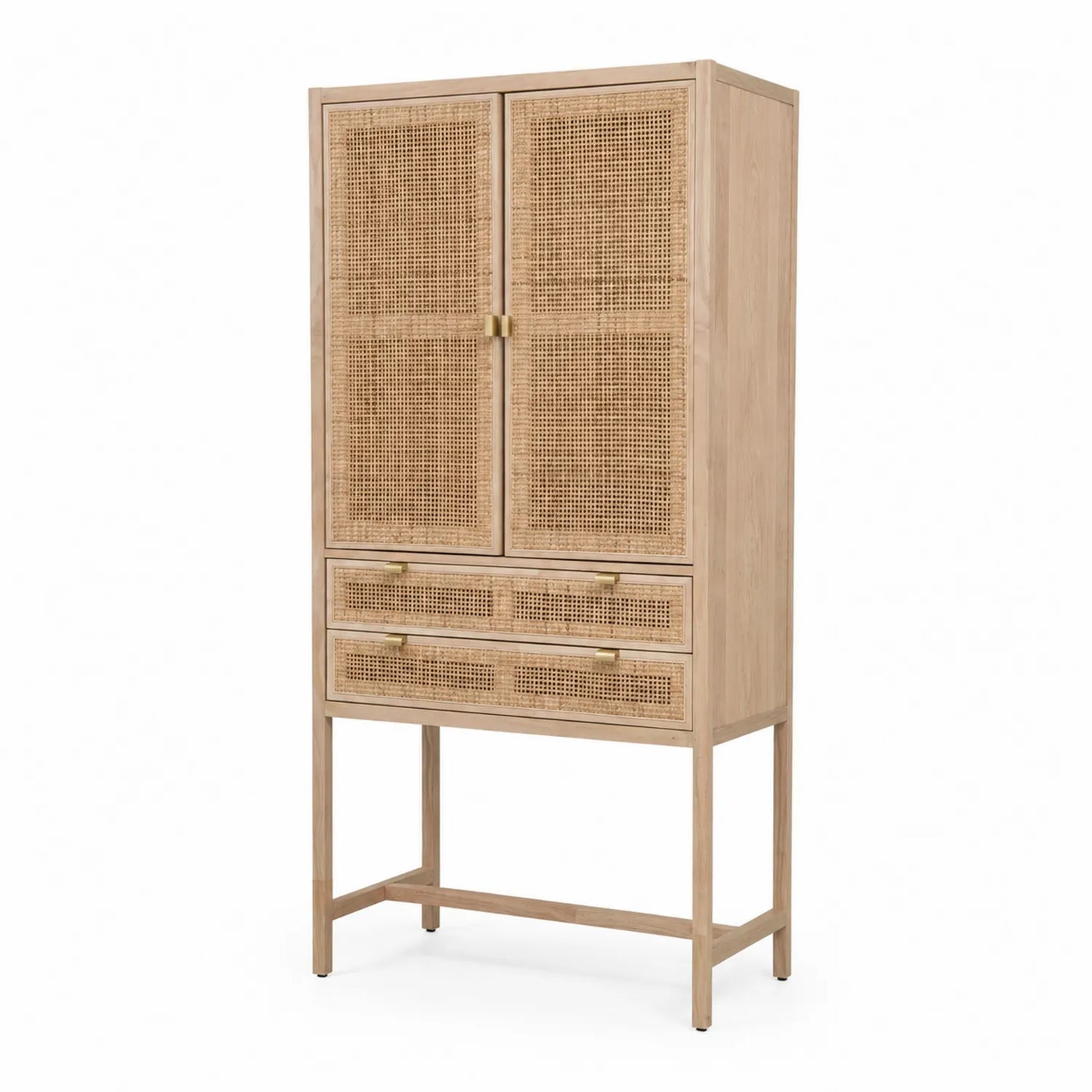 Armoire en chêne et rotin avec portes et tiroirs