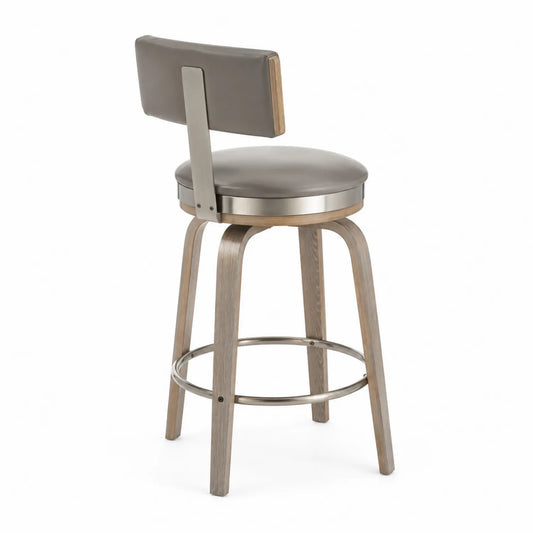 Tabouret de bar pivotant en bois et acier inoxydable avec siège en similicuir gris