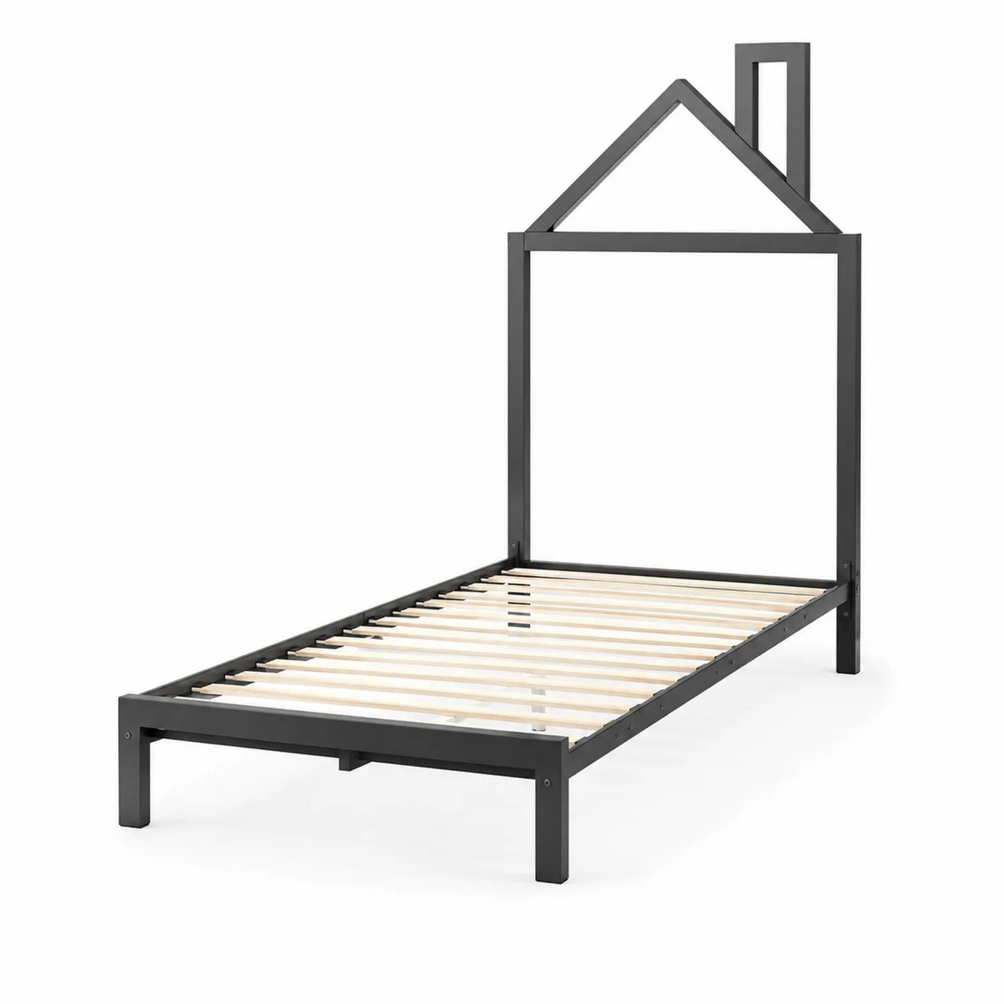 Lit enfant en métal noir avec cadre maison 90x190 cm