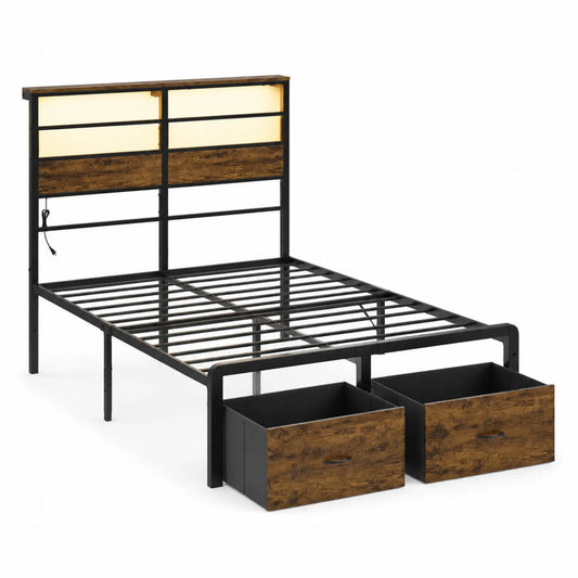 Lit double en métal noir et bois avec éclairage LED et tiroirs