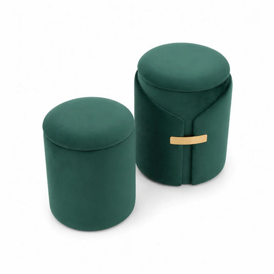 Ensemble de 2 Poufs en Velours Vert avec Rangement