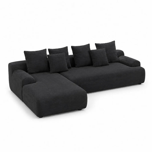Canapé d'angle en tissu noir avec coussins 290cm x 160cm x 85cm