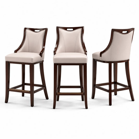 Tabouret de bar en bois et cuir synthétique beige, lot de 3