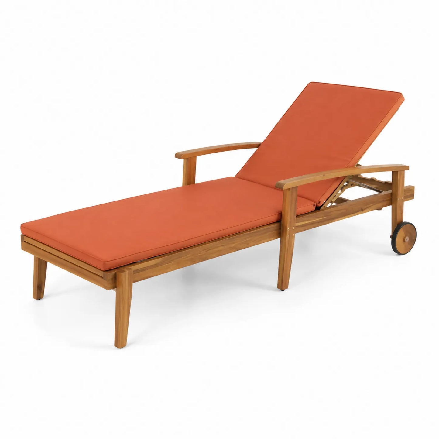 Chaise Longue en Bois de Teck avec Coussin en Tissu Rouge