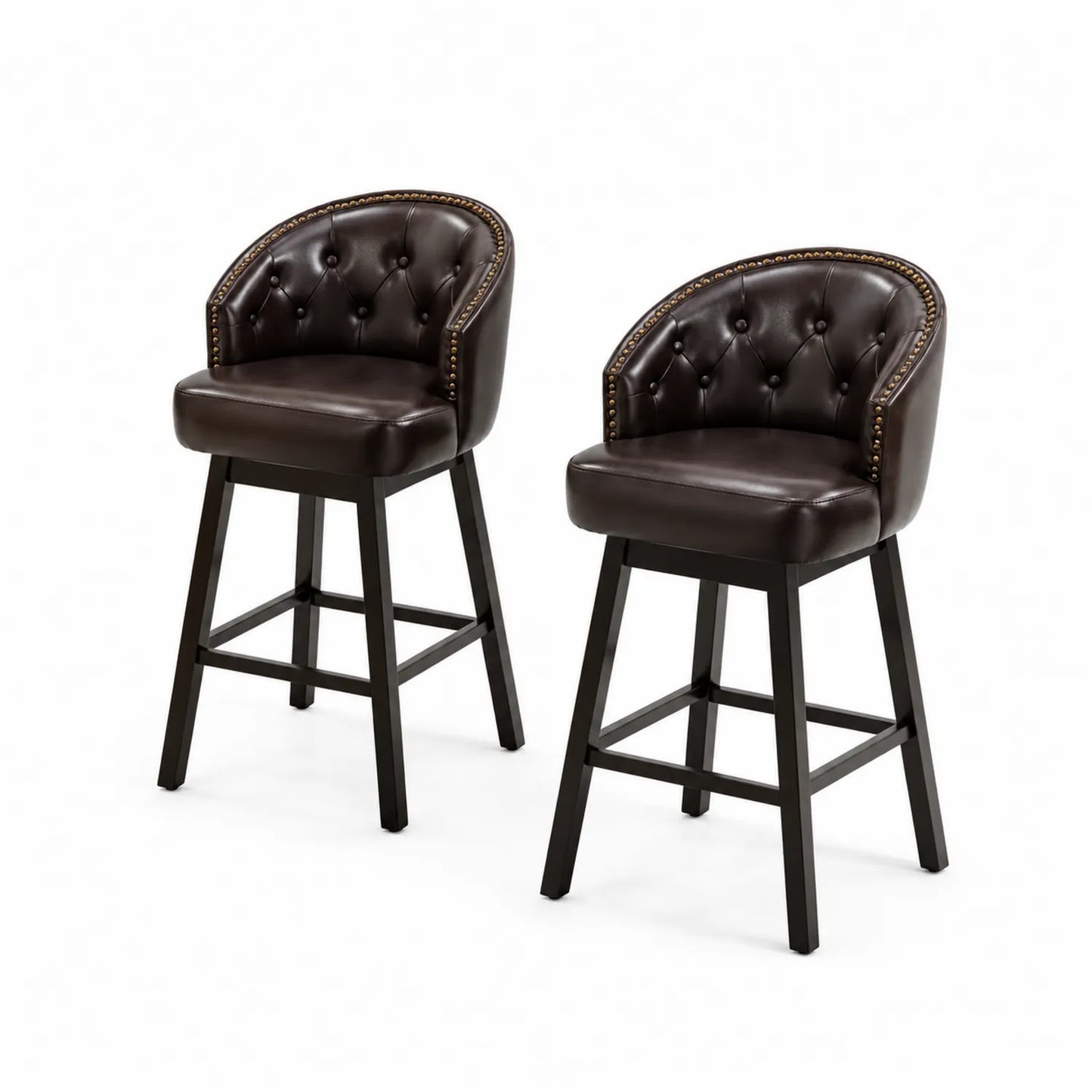 Lot de 2 tabourets en cuir synthétique marron avec pieds en bois