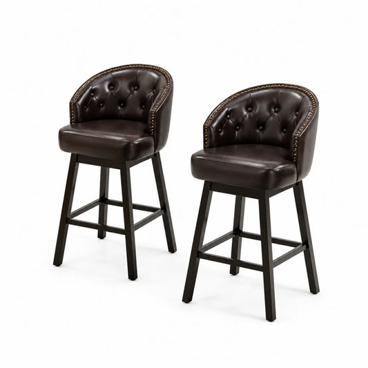 Lot de 2 tabourets en cuir synthétique marron avec pieds en bois