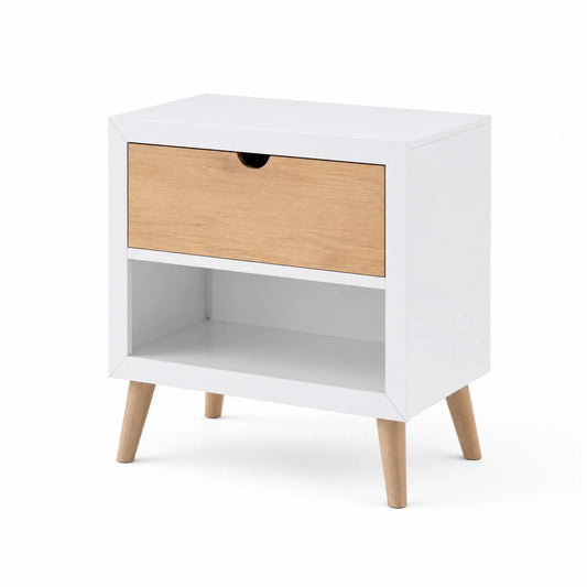 Table de chevet en bois MDF avec tiroir Blanc et Chêne Clair 45x35x60cm