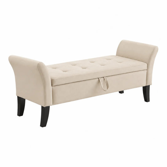 Banc de rangement en bois avec revêtement en velours Beige 140 cm