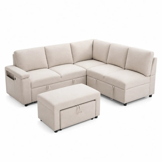 Canapé d'angle convertible en tissu avec repose-pieds