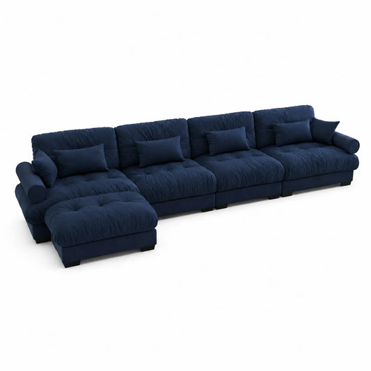 Canapé d'angle modulable en tissu bleu 5 places