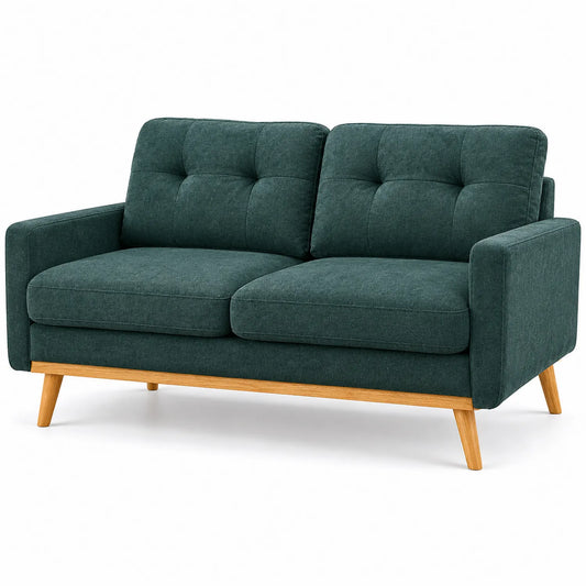 Canapé 2 places en tissu polyester vert avec pieds en chêne