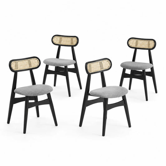 Lot de 4 chaises en bois, dossier en rotin et siège en tissu gris