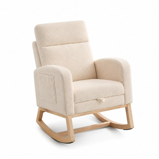 Fauteuil à bascule en tissu bouclé avec base en bois