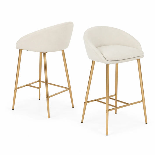 Lot de 2 tabourets de bar en tissu crème avec pieds en métal doré