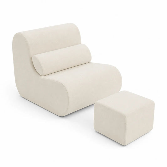 Fauteuil avec repose-pieds en tissu crème
