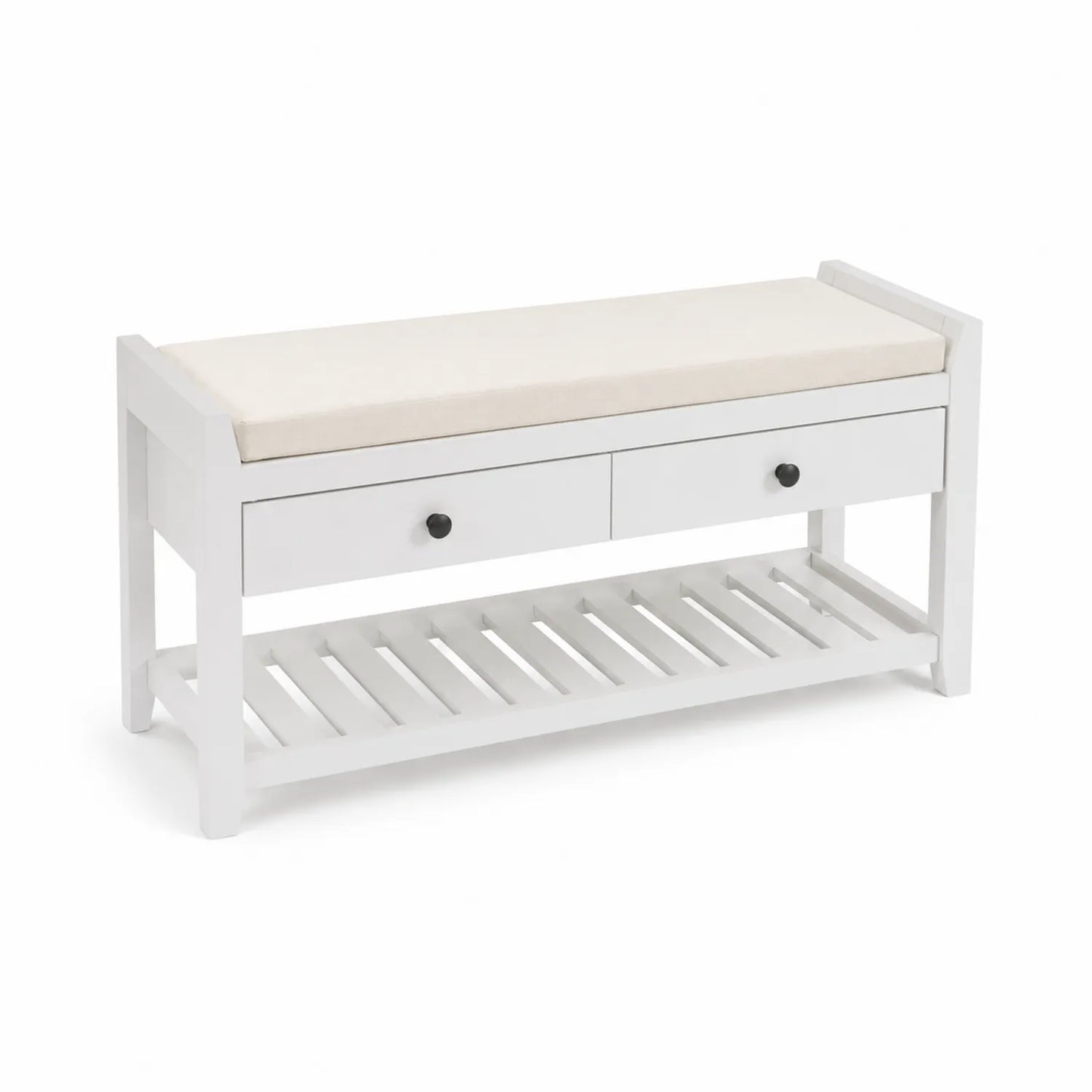 Banc en bois blanc avec coussin et étagère