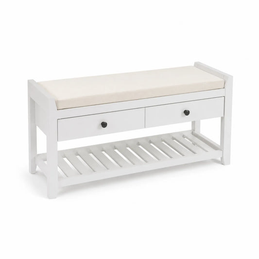 Banc en bois blanc avec coussin et étagère