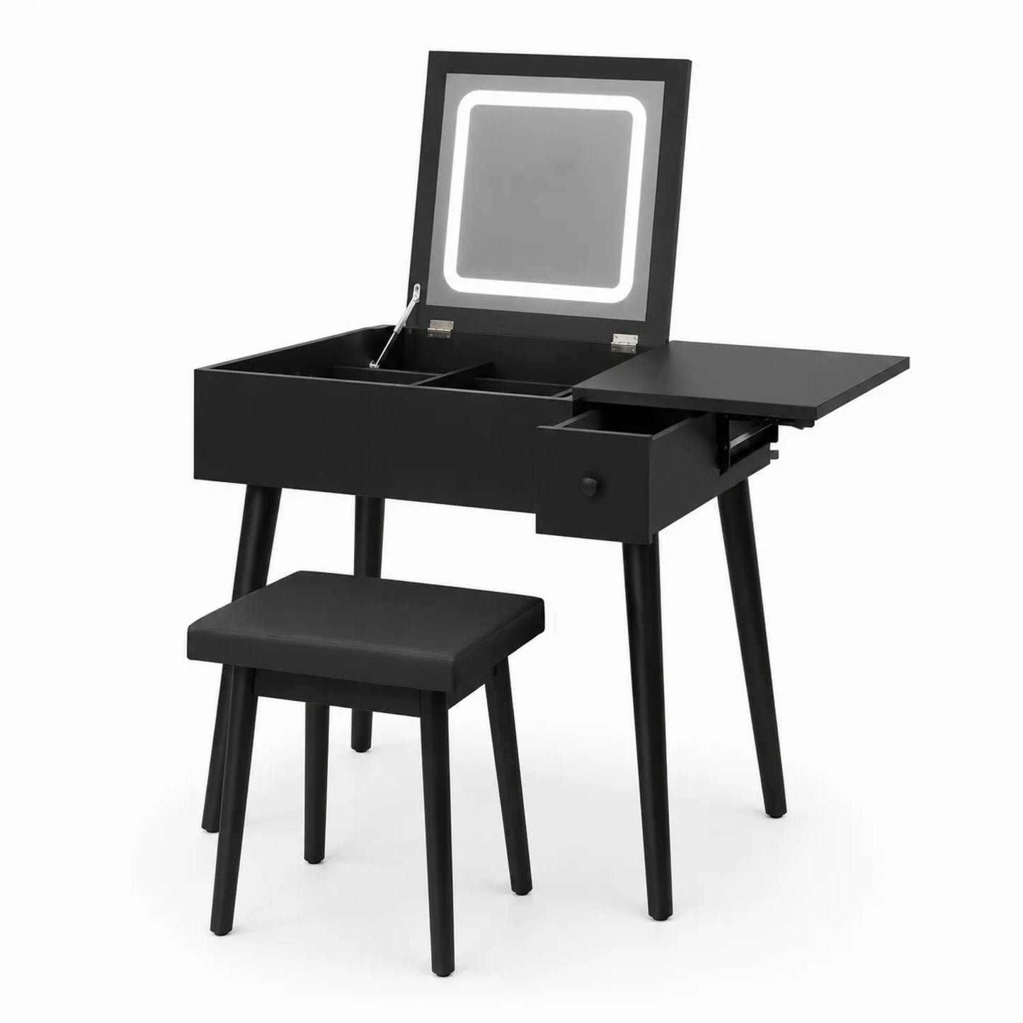 Coiffeuse noire en bois avec miroir LED et tabouret