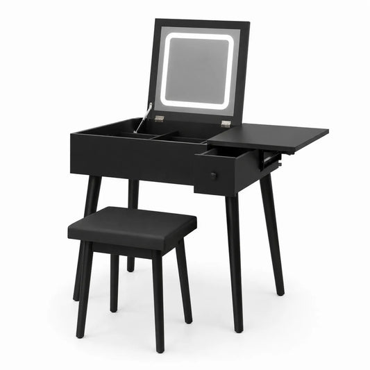 Coiffeuse noire en bois avec miroir LED et tabouret