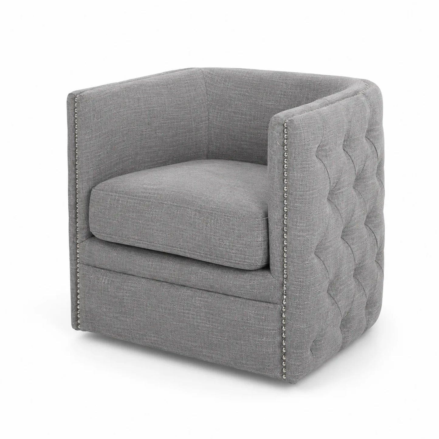 Fauteuil en tissu gris avec accoudoirs cloutés