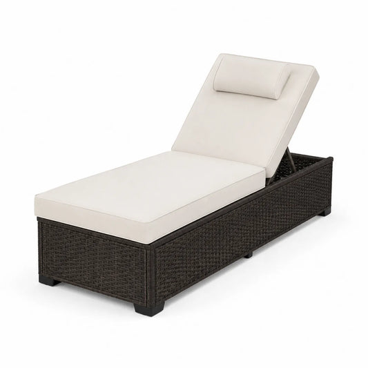 Chaise Longue d'Extérieur Réglable en Rotin Brun et Coussin Écru