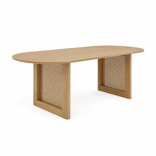 Table à manger ovale en bois et rotin