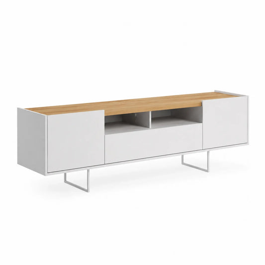 Meuble TV en Bois et Métal Blanc/Naturel 180x40x45 cm