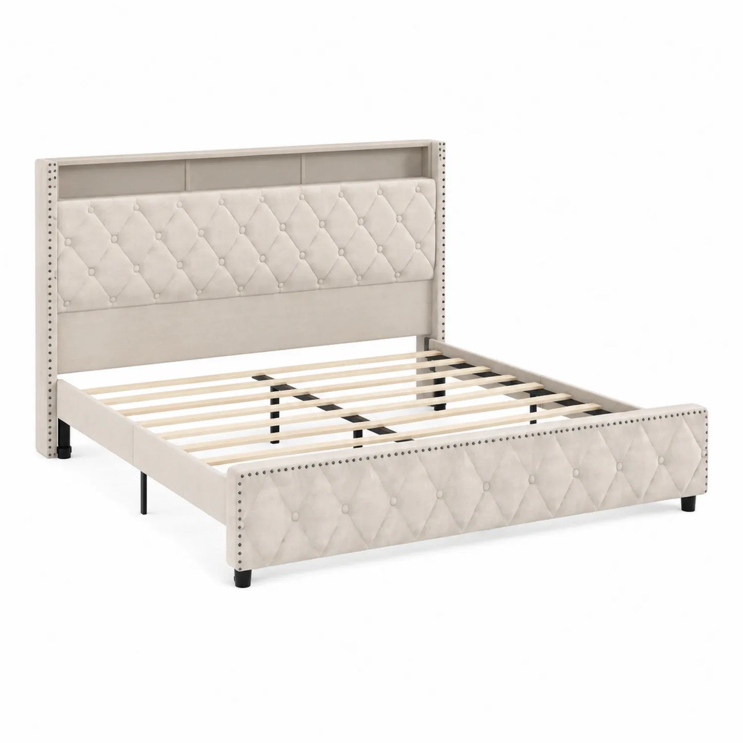 Lit double en tissu beige avec tête de lit capitonnée