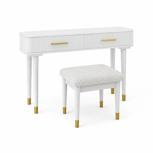 Table de Maquillage en Bois avec Tabouret en Tissu Blanc