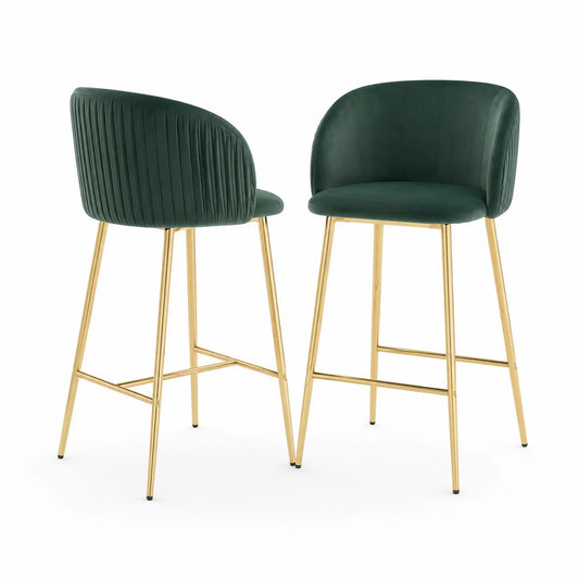 Tabourets de bar en velours avec pieds en métal doré, ensemble de 2