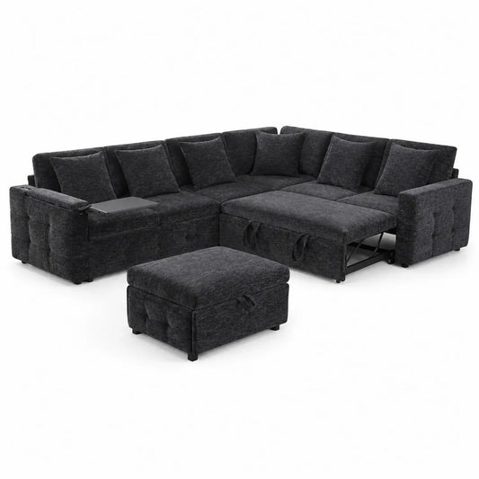 Canapé d'angle modulable en tissu polyester gris foncé avec repose-pieds et table intégrée