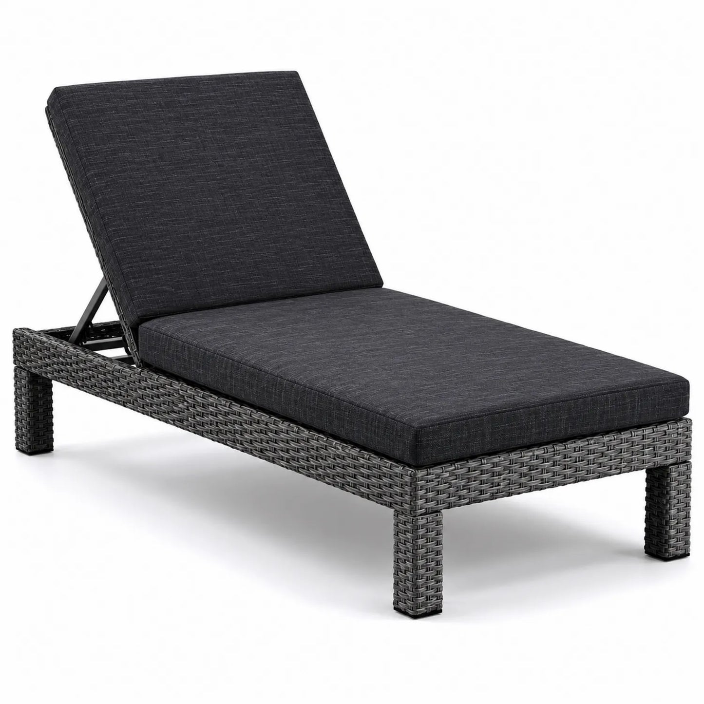 Chaise longue en rotin PE gris avec coussin en polyester noir