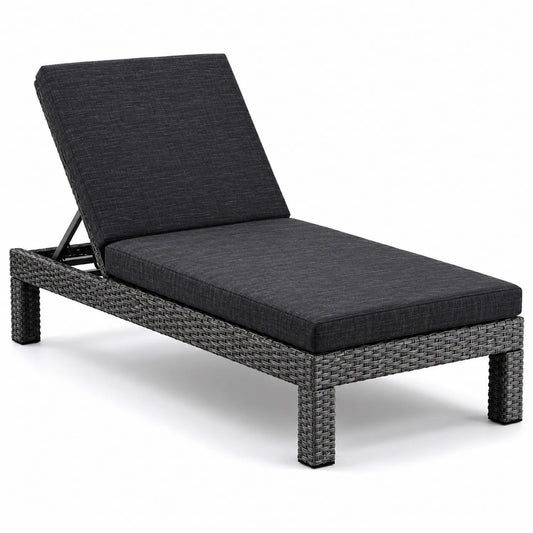 Chaise longue en rotin PE gris avec coussin en polyester noir