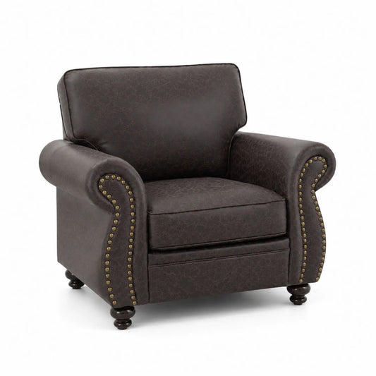 Fauteuil en cuir synthétique marron avec accoudoirs roulés