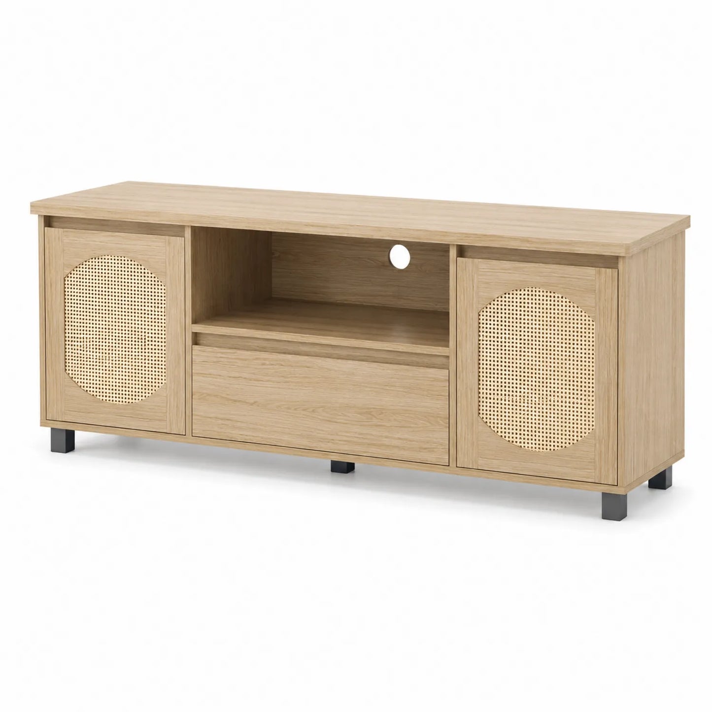 Meuble TV en bois avec portes en cannage de rotin 150x40x50 cm