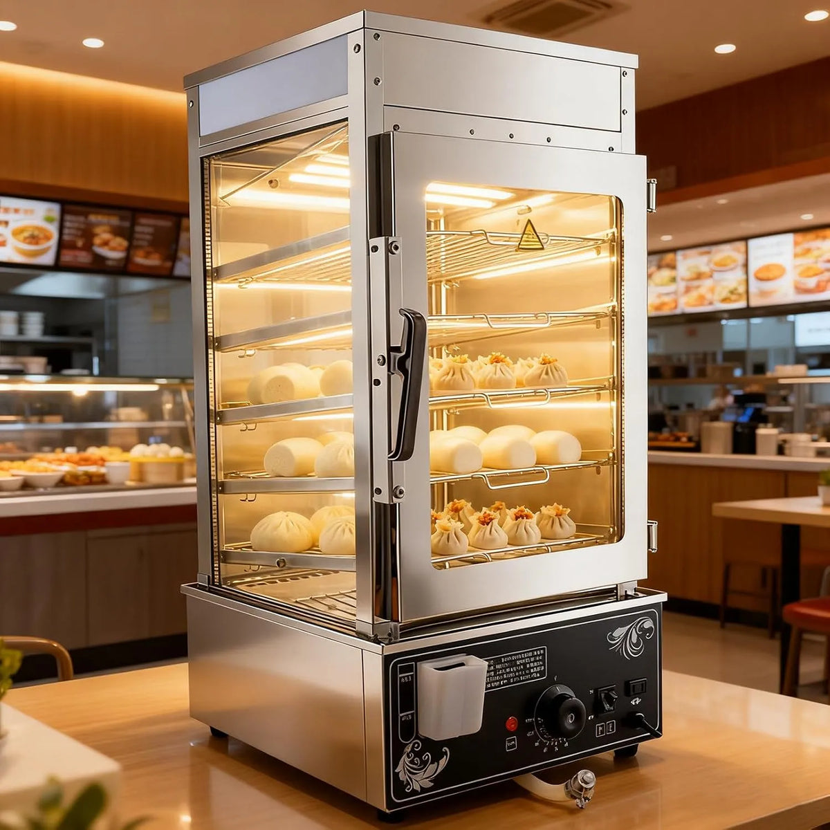 Chauffe-plats de buffet, 1200 W, 30 à 110 °C, éclairage LED, vapeur, professionnel, verre, amovible, 2 zones de température, acier inoxydable