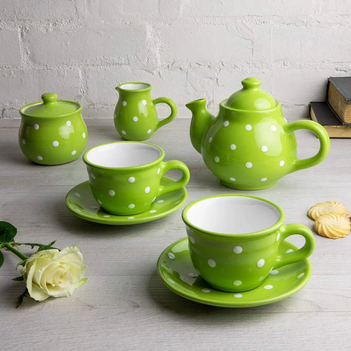 Pot à Lait, City to Cottage®, Petite Théière 750ml 2-3 Tasses, Service à Thé Pour Deux, Vert Pomme à Pois Blancs en Céramique Fait et Peint à la Main