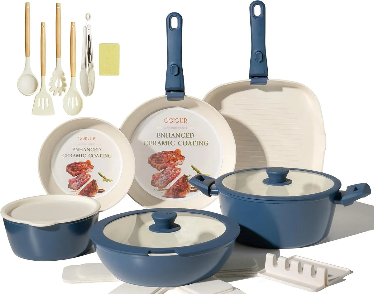 Lave-vaisselle, amovible, bleu, batterie de cuisine antiadhésive en céramique non toxique, Set de Poêles et Casseroles 23 pièces Poignée amovible