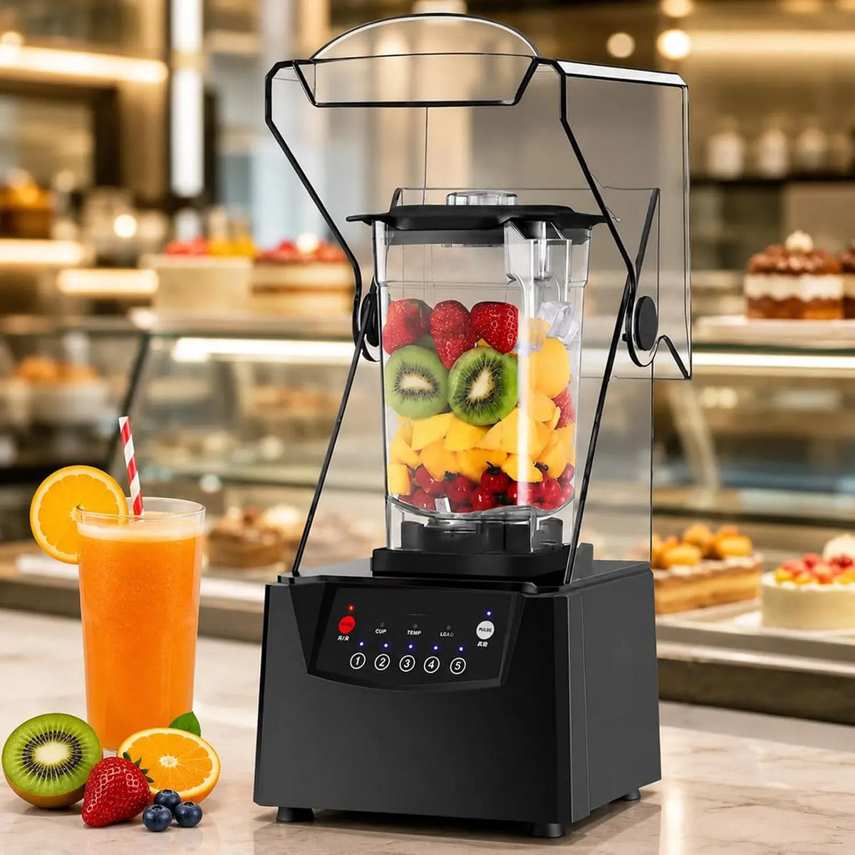 Blender, 1,8 L, 200 W, 5 programmes, professionnel, acier inoxydable, 6 Lames INOX, Capot Antibruit et 5 Programmes pour Café, Bar