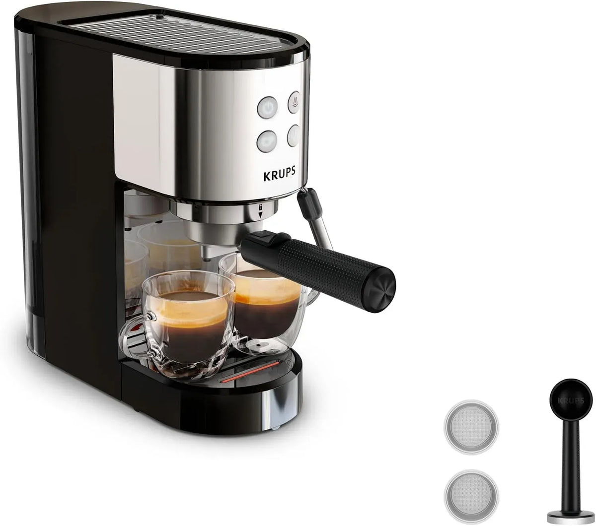 Krups Cafetière électrique, 14.3 cm, vapeur, acier inoxydable, argenté, 15 bars, Interface intuitive 4 boutons, Buse vapeur, de large