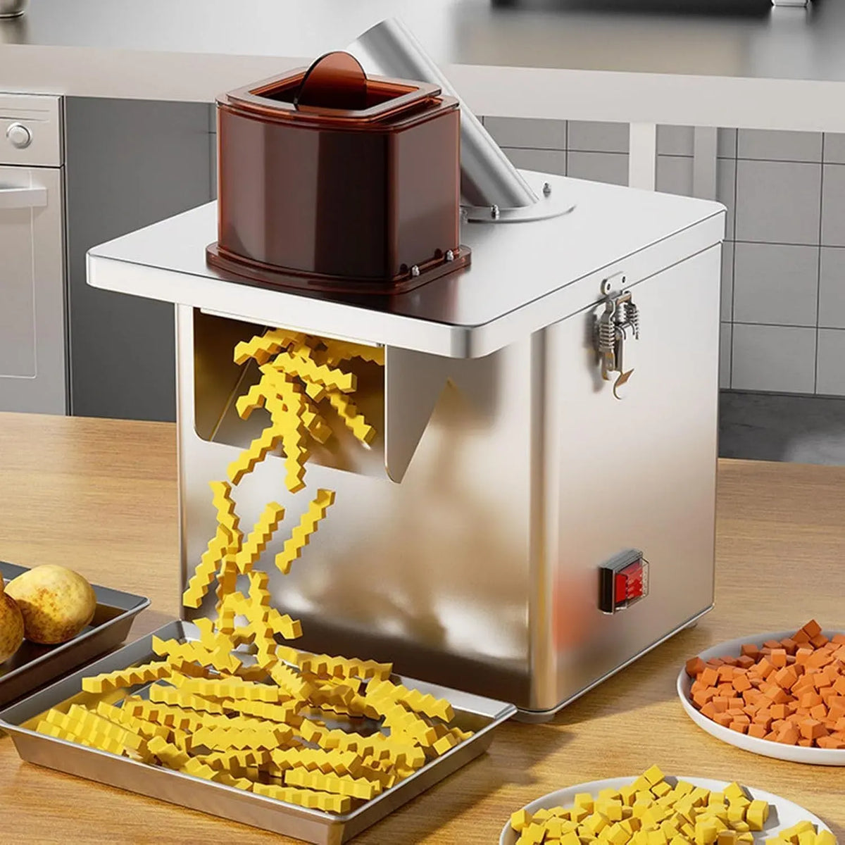 Hachoir à légumes électrique, Double Orifice d'alimentation, pour trancheuse à légumes Professionnelle, avec 5 Lames, pour Couper en dés, trancher